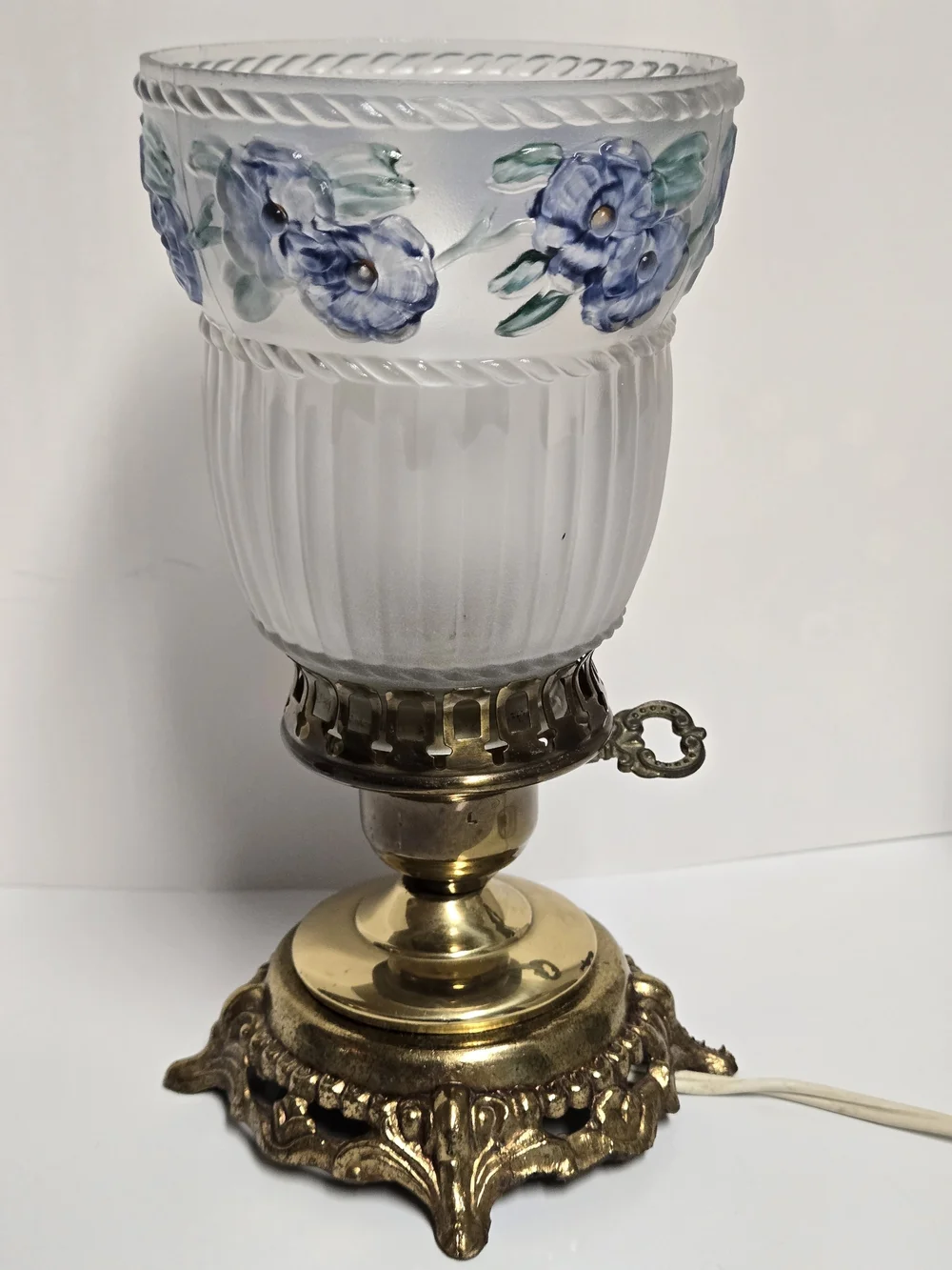 Hurricane Table Lamp with Frosted Blue Floral Glass Shade
